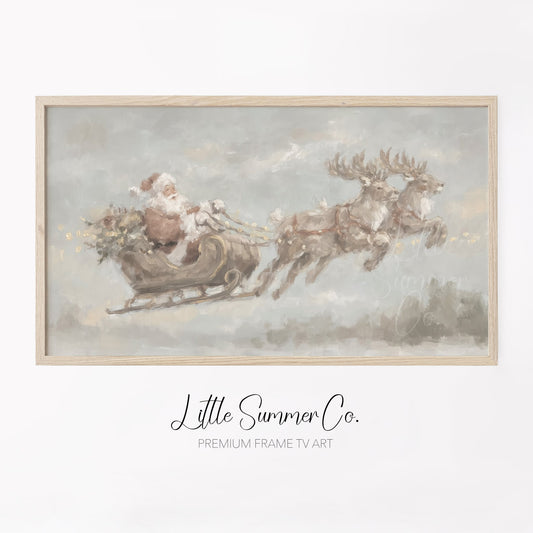 Santa Sleigh with Reindeer Frame TV Art displayed on a TV