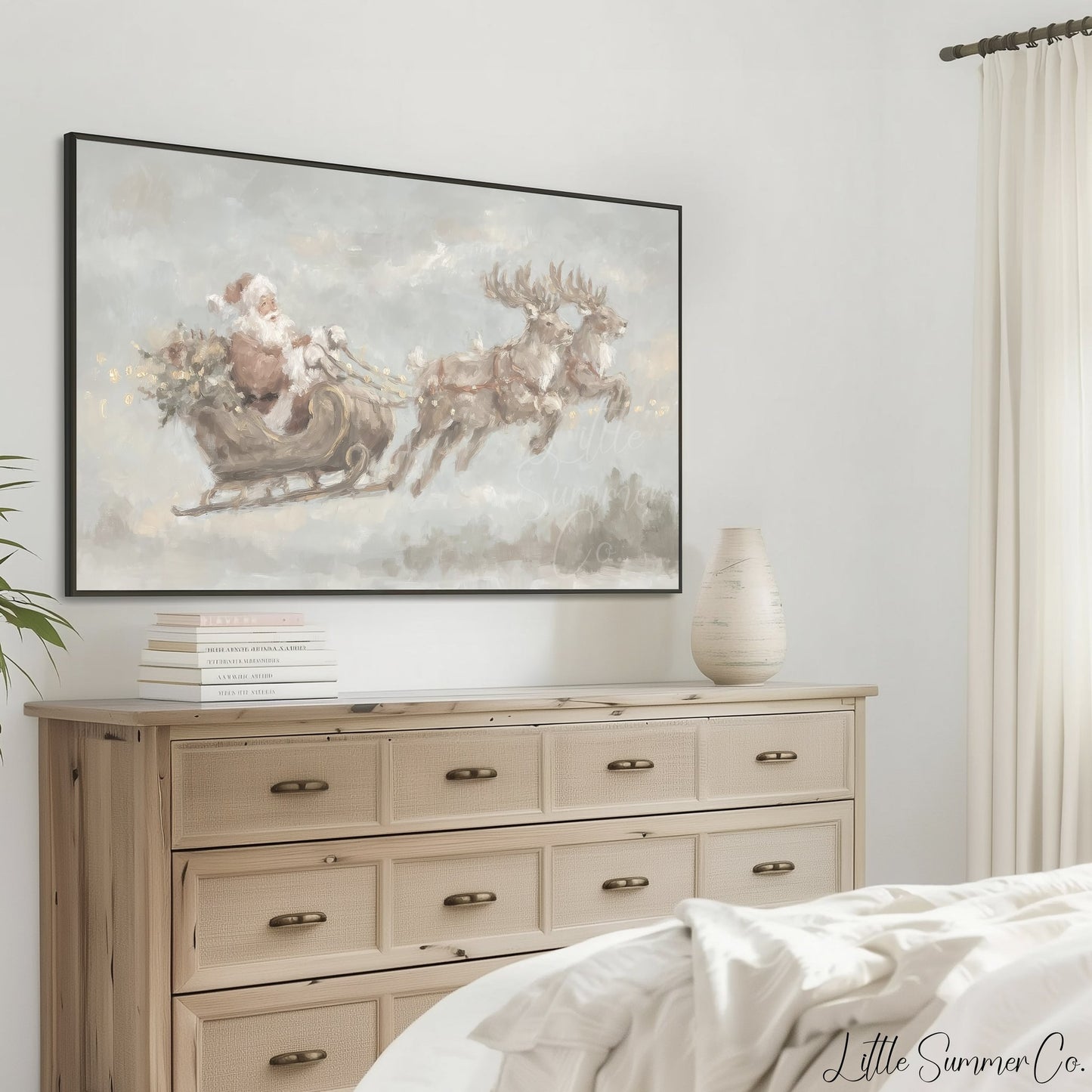 Santa Sleigh with Reindeer Frame TV Art displayed on a TV
