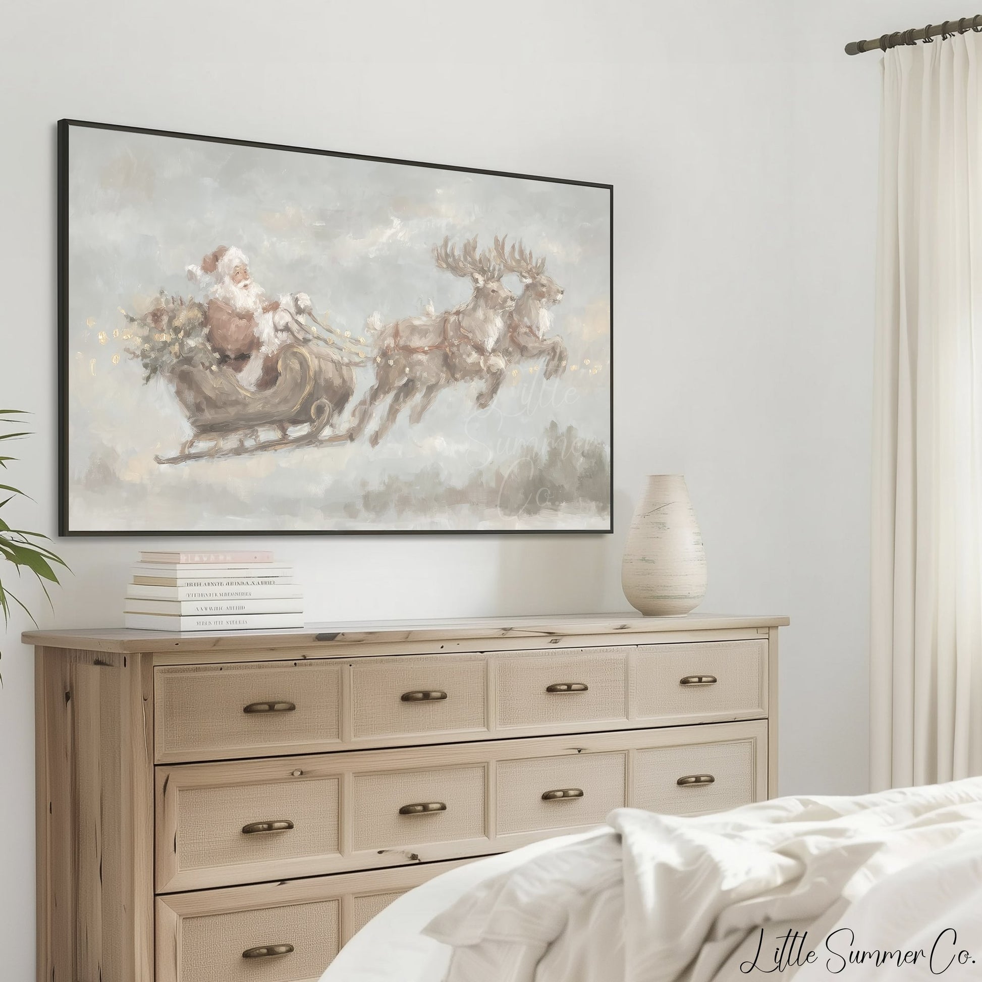 Santa Sleigh with Reindeer Frame TV Art displayed on a TV