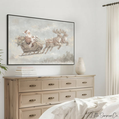 Santa Sleigh with Reindeer Frame TV Art displayed on a TV