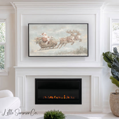 Santa Sleigh with Reindeer Frame TV Art displayed on a TV