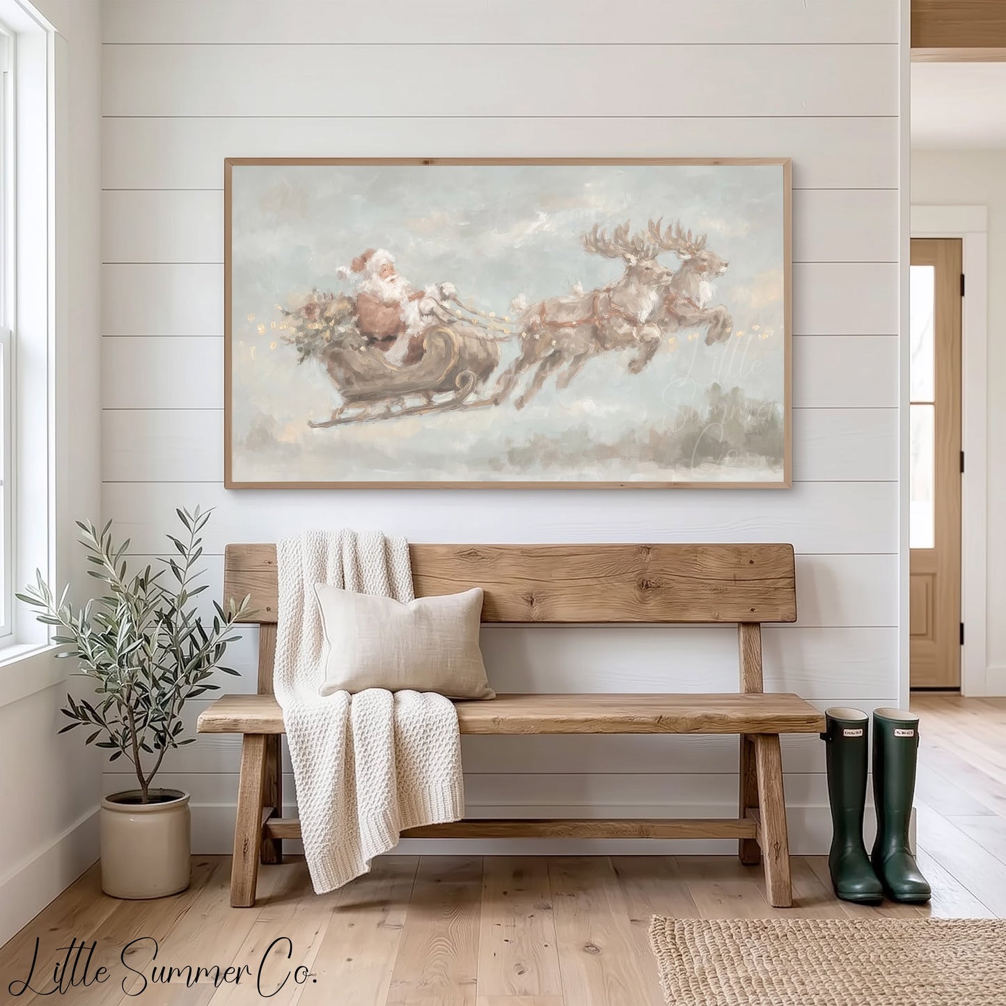 Santa Sleigh with Reindeer Frame TV Art displayed on a TV