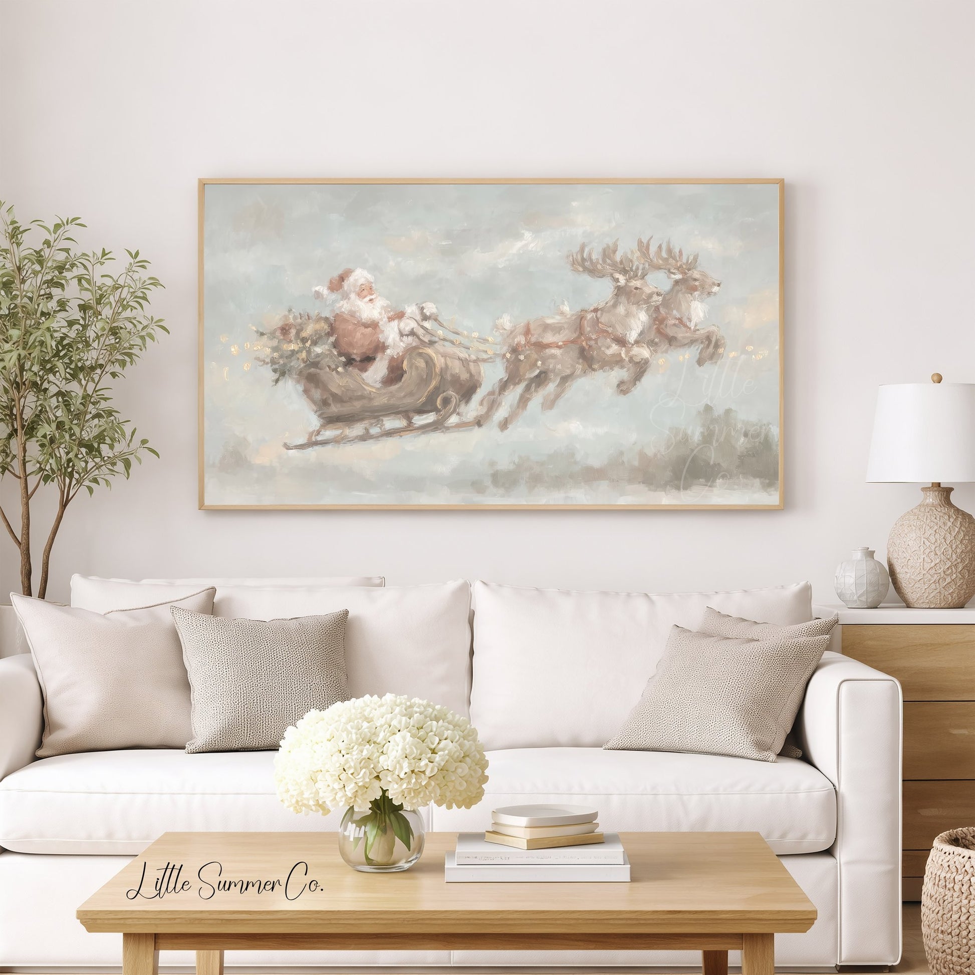 Santa Sleigh with Reindeer Frame TV Art displayed on a TV