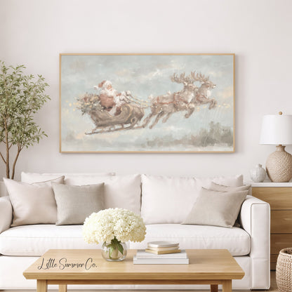 Santa Sleigh with Reindeer Frame TV Art displayed on a TV