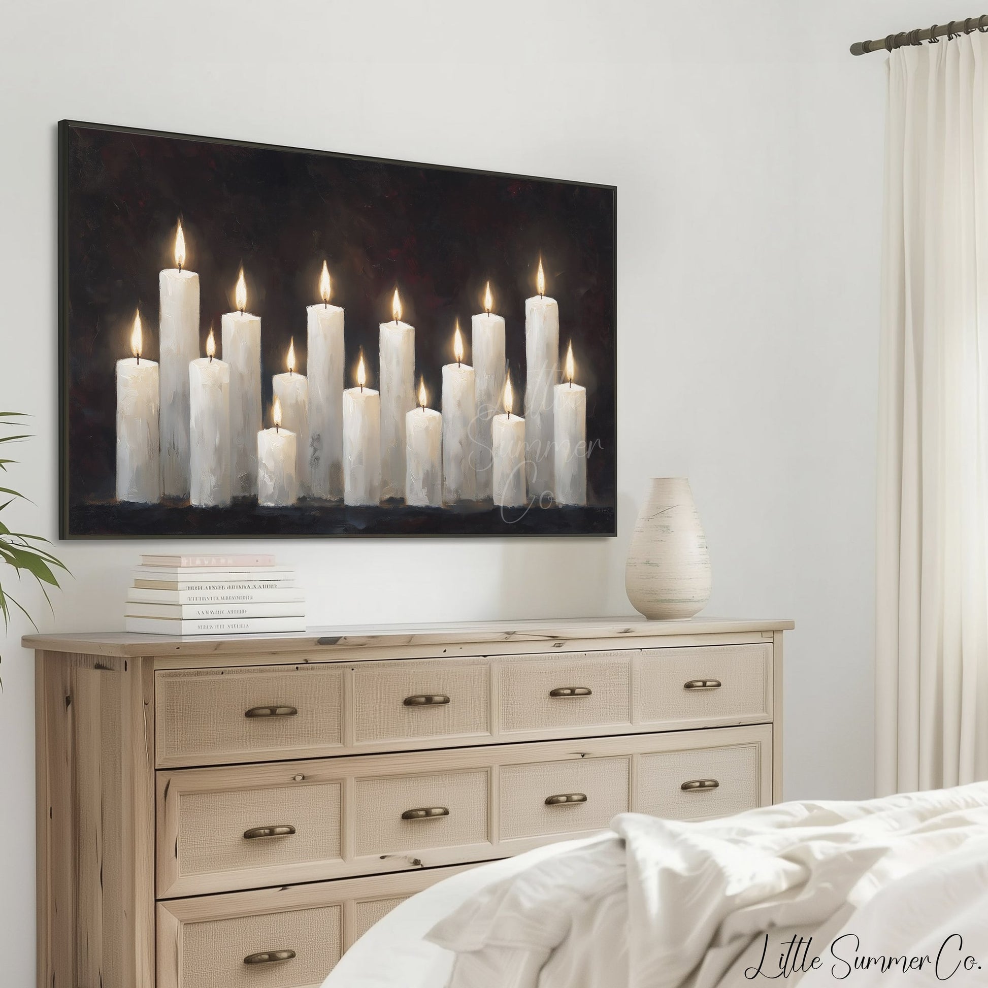 White Candle Group Frame TV Art displayed on a TV