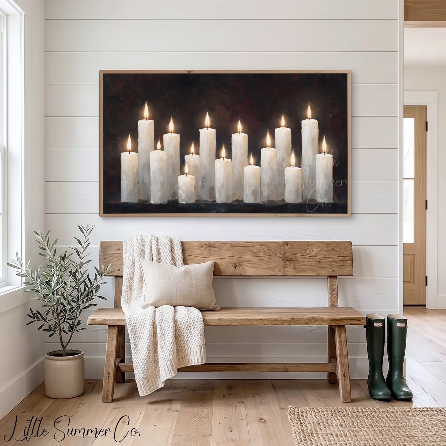 White Candle Group Frame TV Art displayed on a TV
