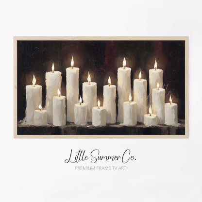 Lit Candle Row Frame TV Art displayed on a TV
