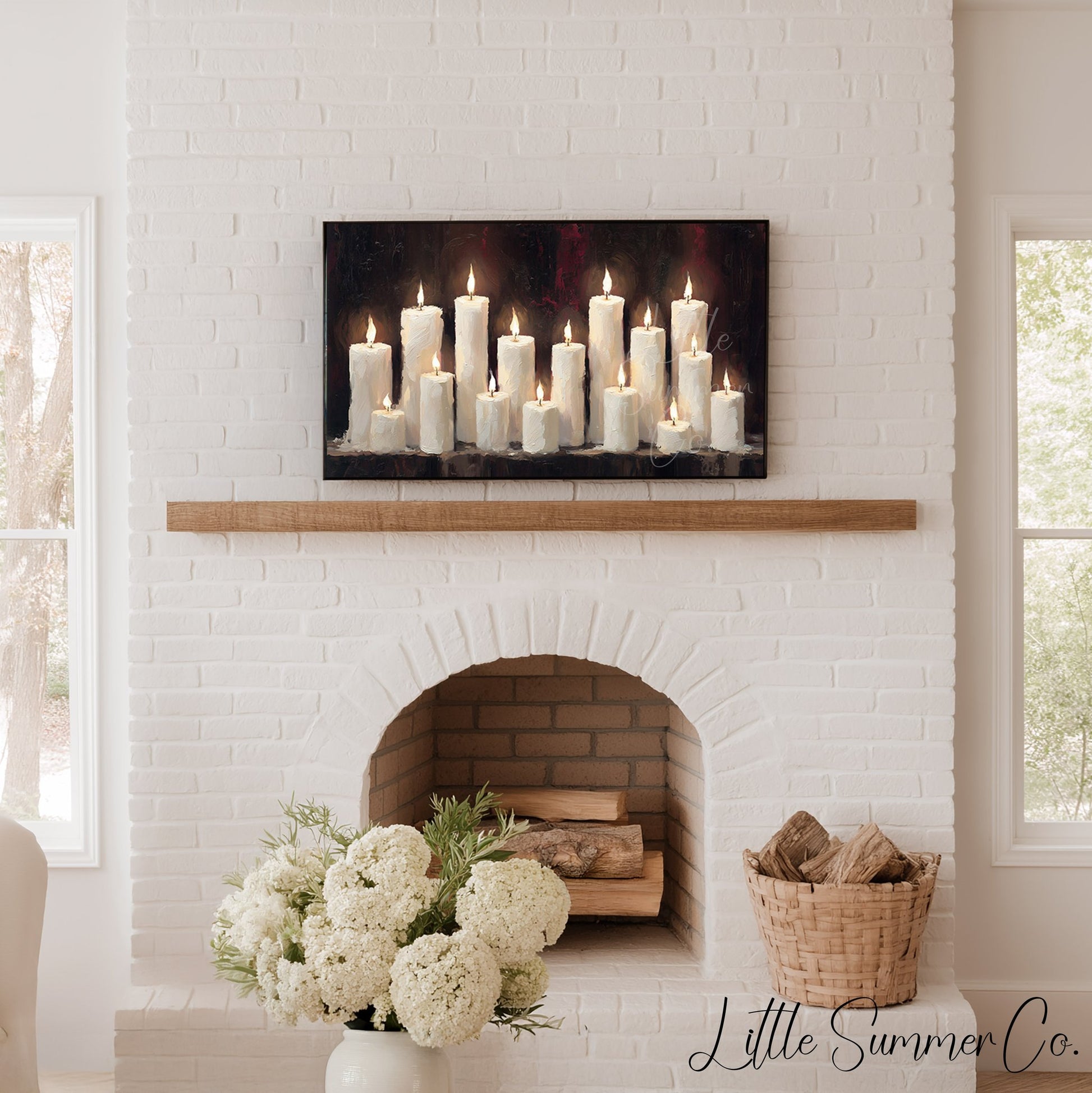 Lit Candle Row Frame TV Art displayed on a TV
