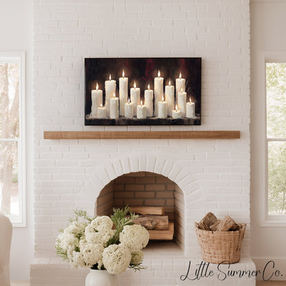 Lit Candle Row Frame TV Art displayed on a TV