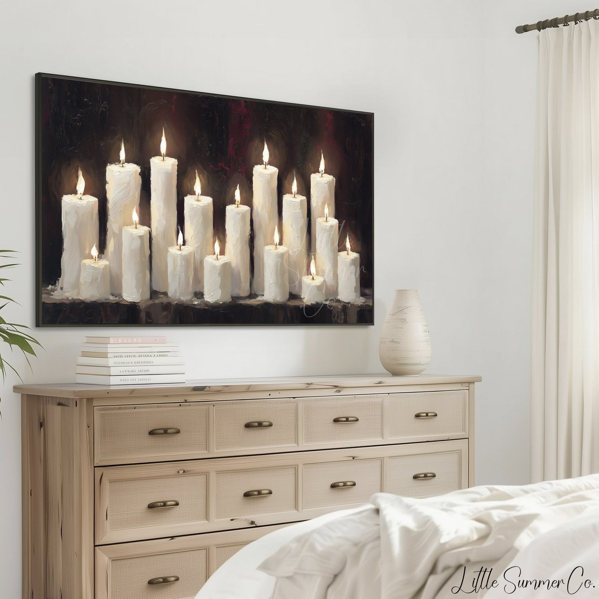 Lit Candle Row Frame TV Art displayed on a TV