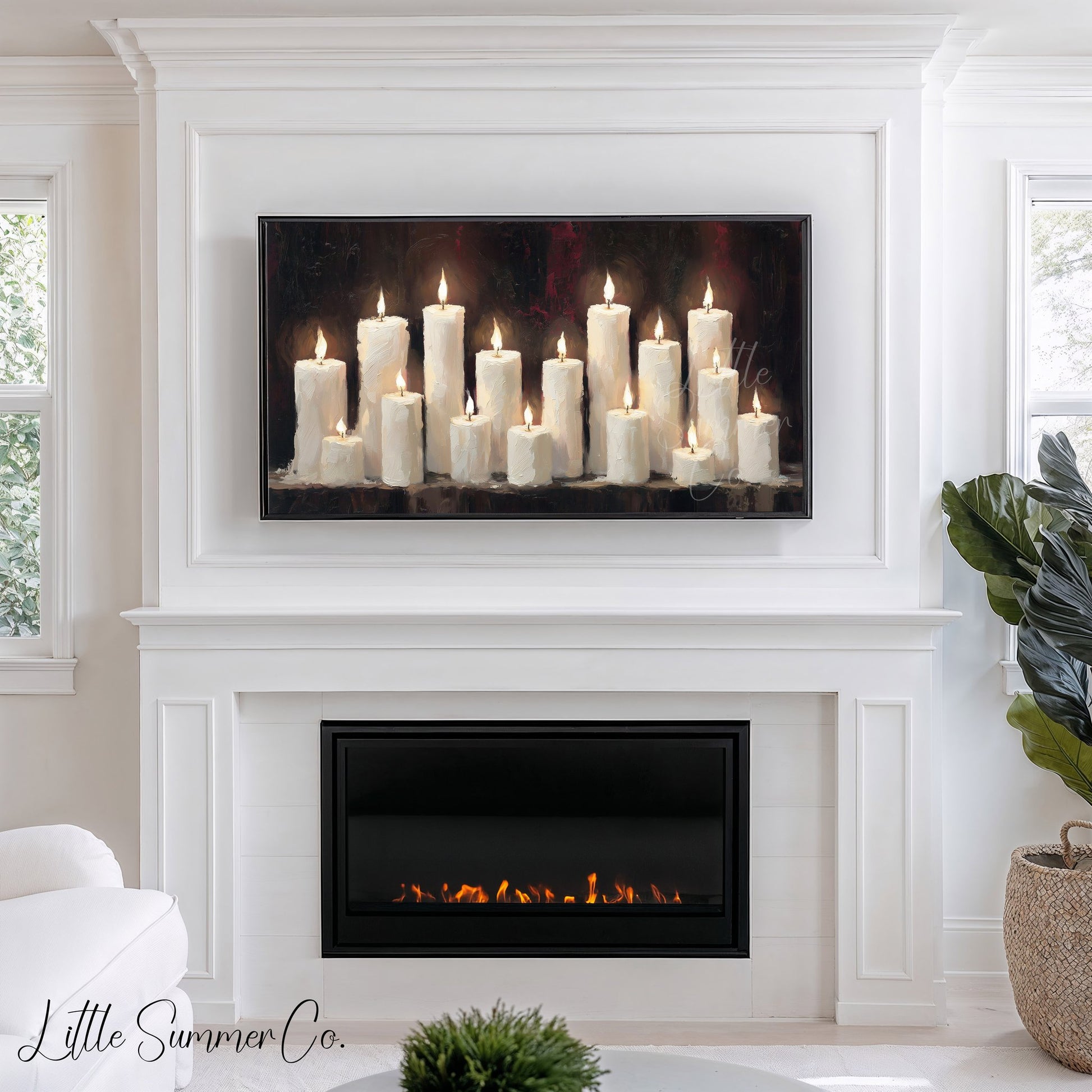 Lit Candle Row Frame TV Art displayed on a TV