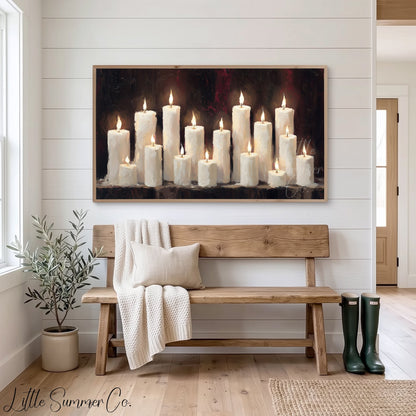 Lit Candle Row Frame TV Art displayed on a TV