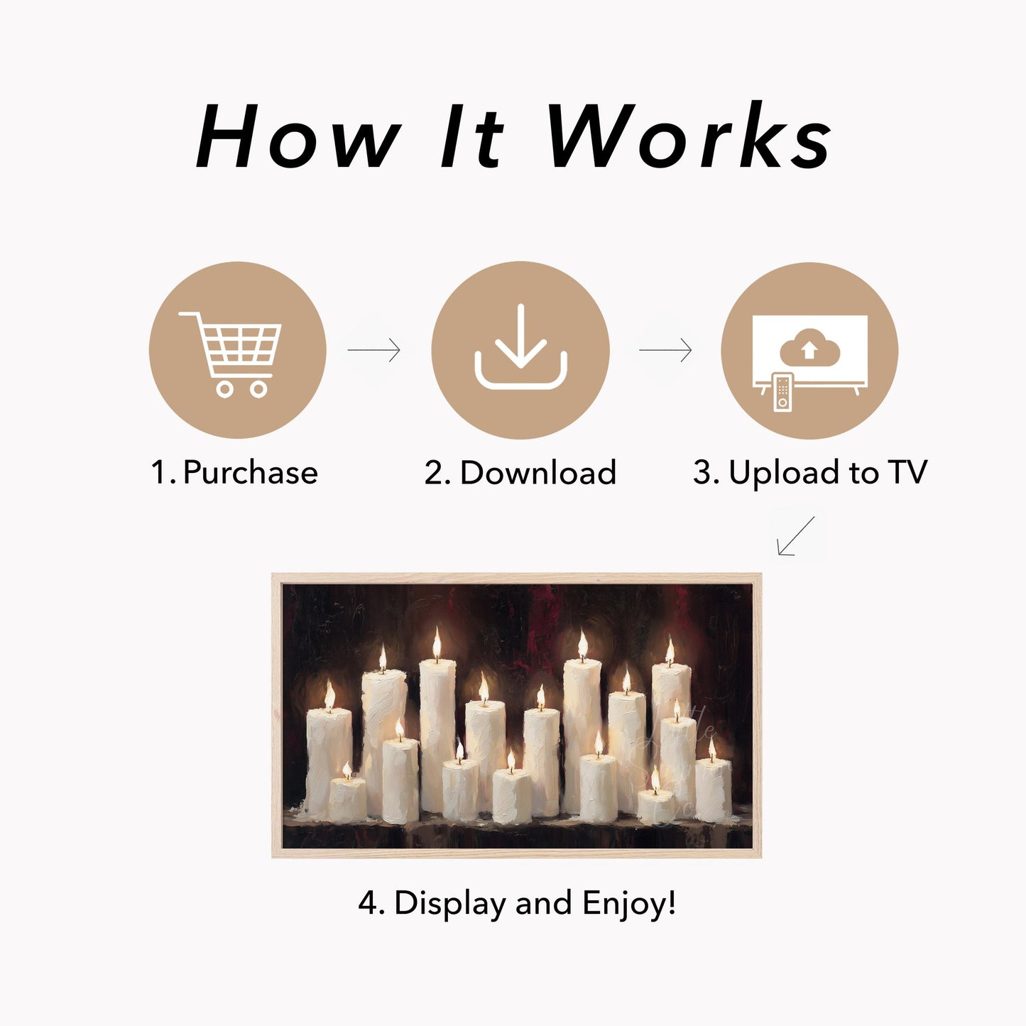 Lit Candle Row Frame TV Art displayed on a TV