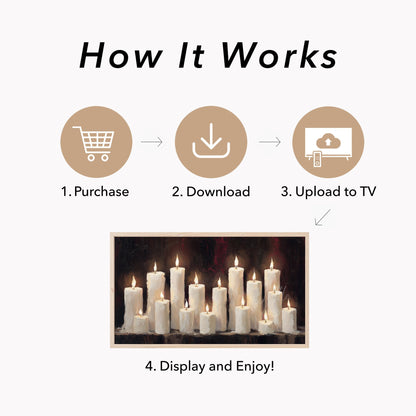 Lit Candle Row Frame TV Art displayed on a TV
