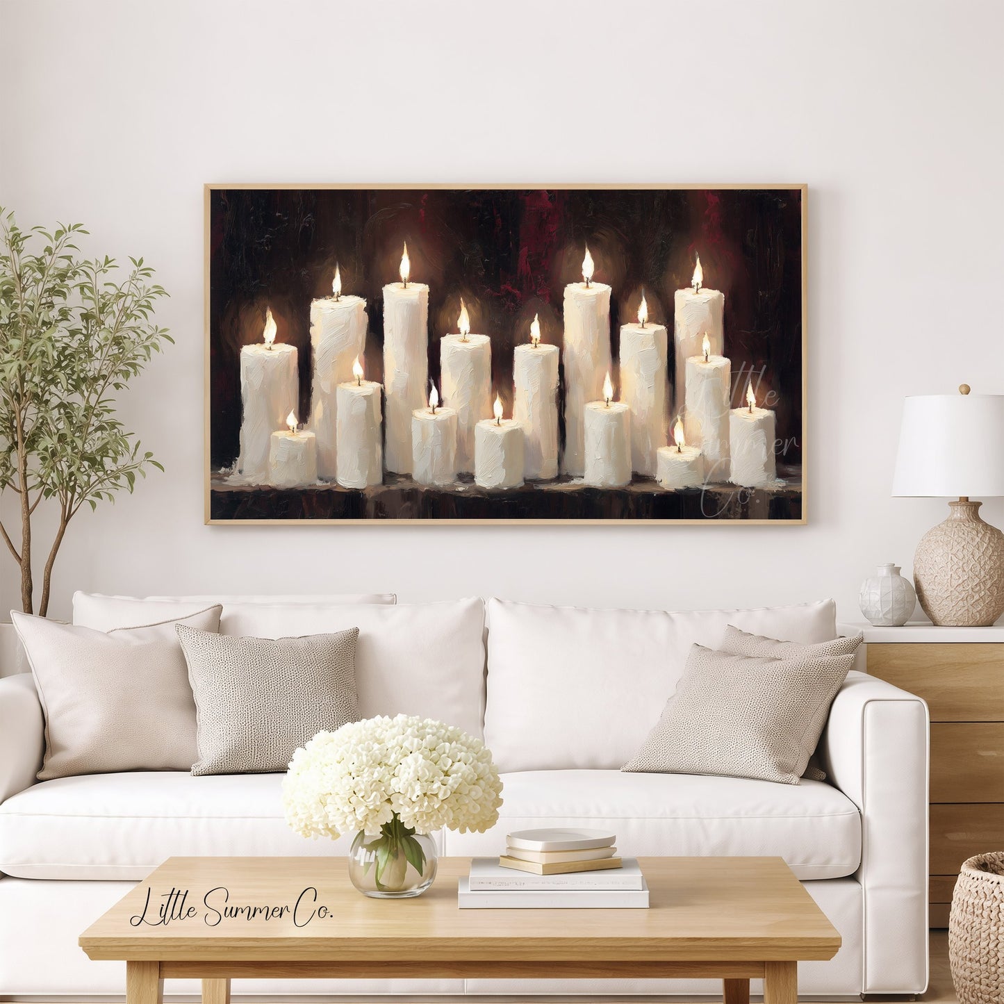 Lit Candle Row Frame TV Art displayed on a TV