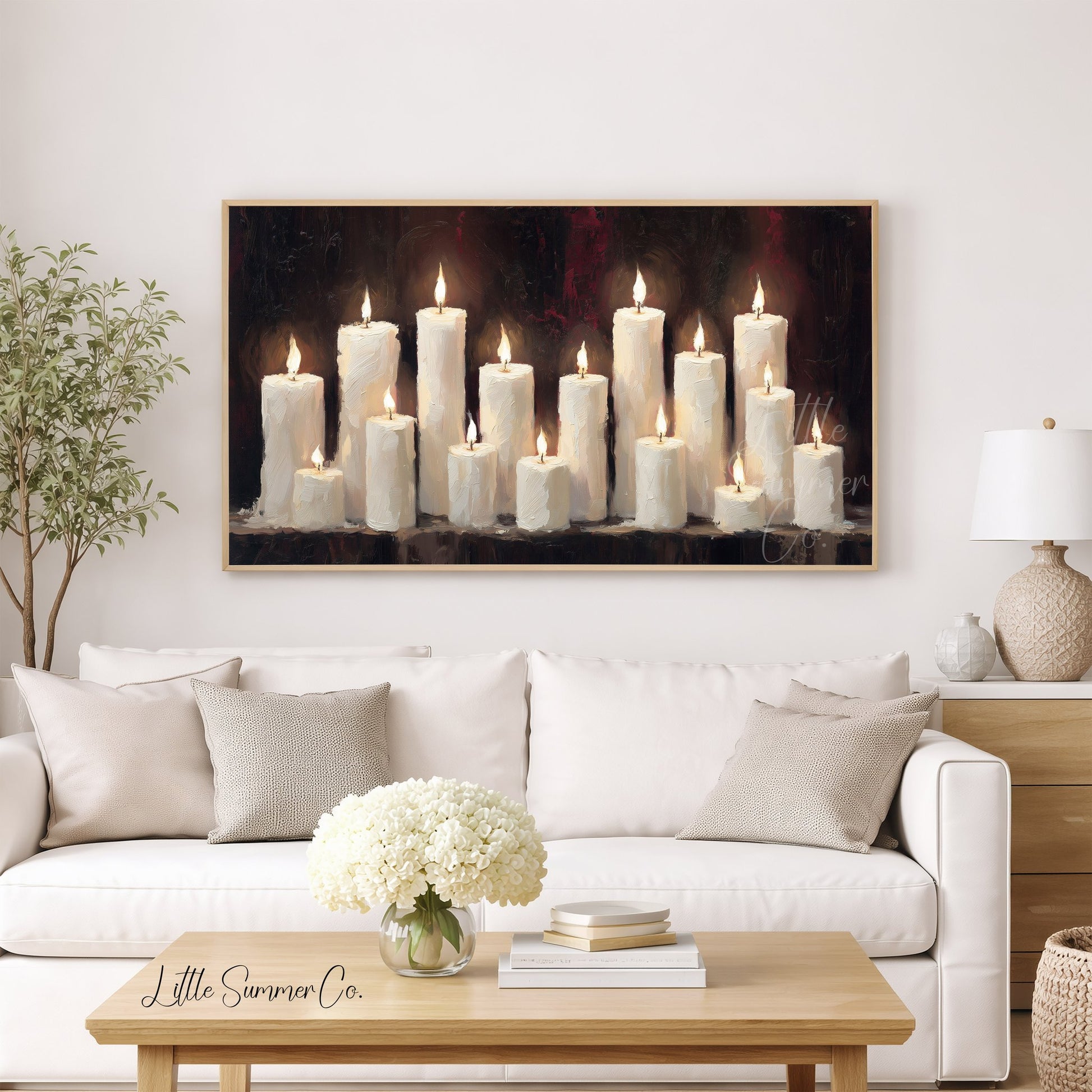 Lit Candle Row Frame TV Art displayed on a TV