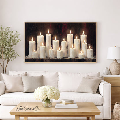 Lit Candle Row Frame TV Art displayed on a TV