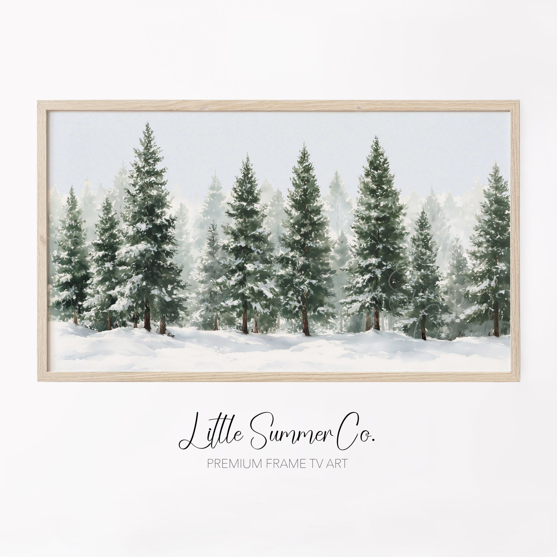 Snowy Evergreen Trees Frame TV Art displayed on a TV