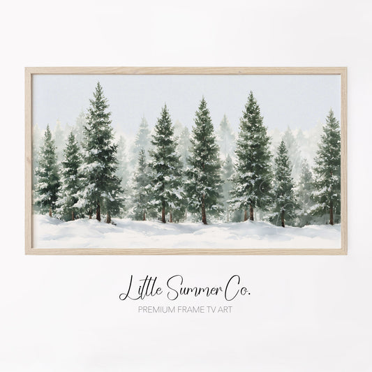 Snowy Evergreen Trees Frame TV Art displayed on a TV