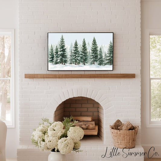 Snowy Evergreen Trees Frame TV Art displayed on a TV