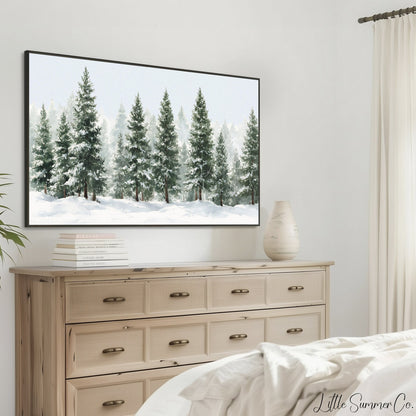 Snowy Evergreen Trees Frame TV Art displayed on a TV