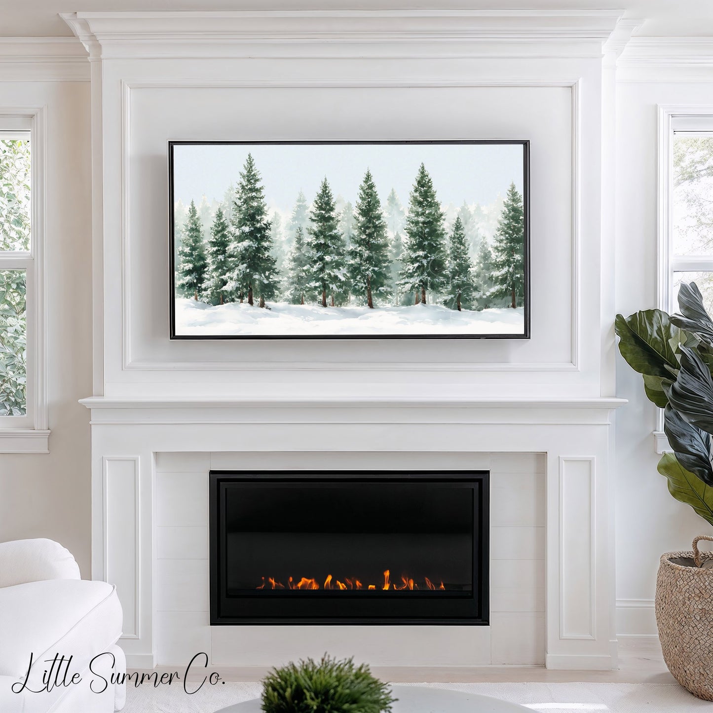 Snowy Evergreen Trees Frame TV Art displayed on a TV