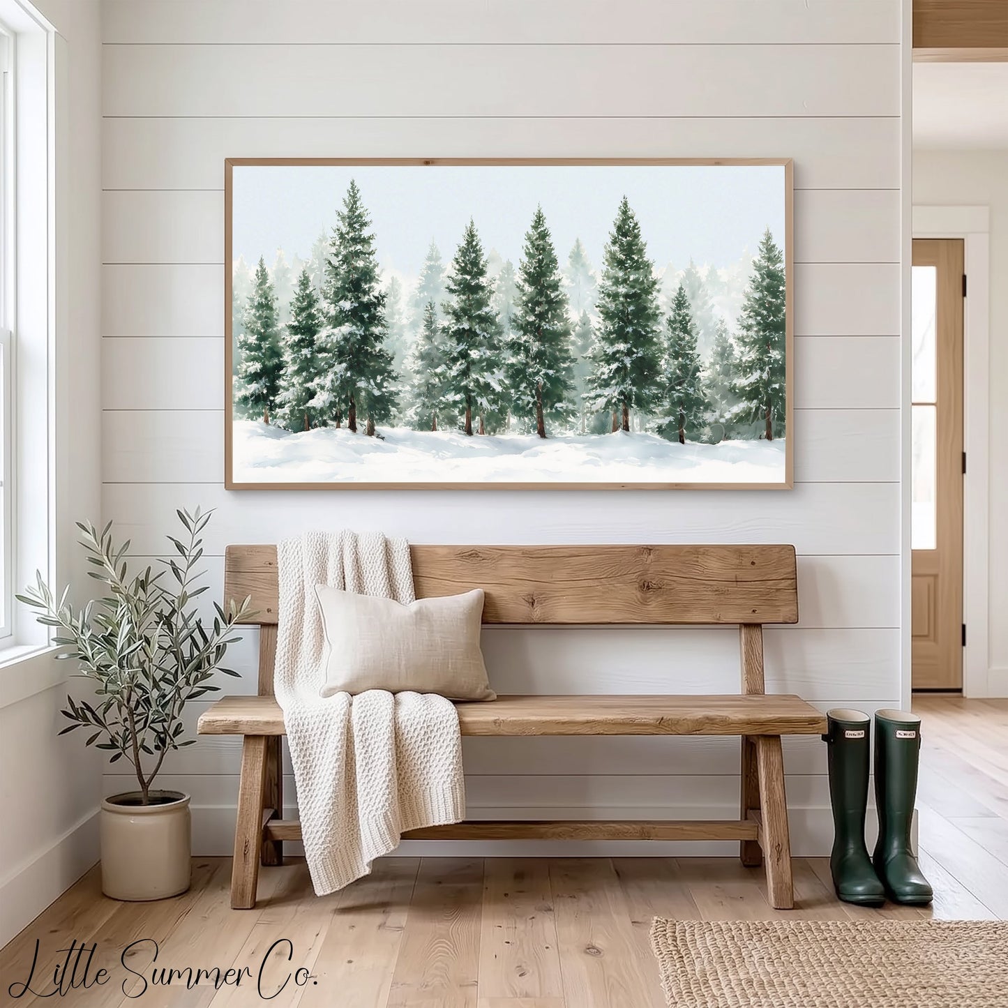 Snowy Evergreen Trees Frame TV Art displayed on a TV