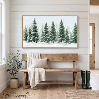Snowy Evergreen Trees Frame TV Art displayed on a TV