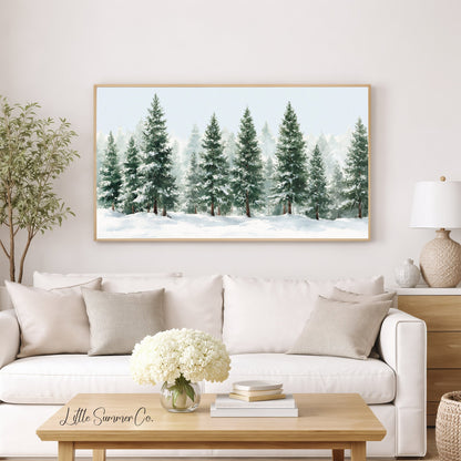 Snowy Evergreen Trees Frame TV Art displayed on a TV