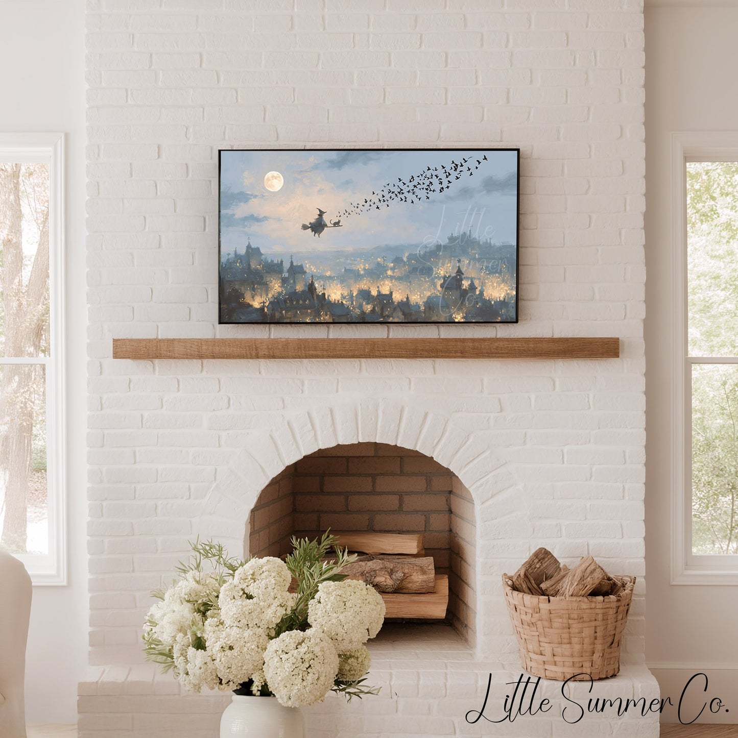 Witch Flying Over Town Frame TV Art displayed on a TV