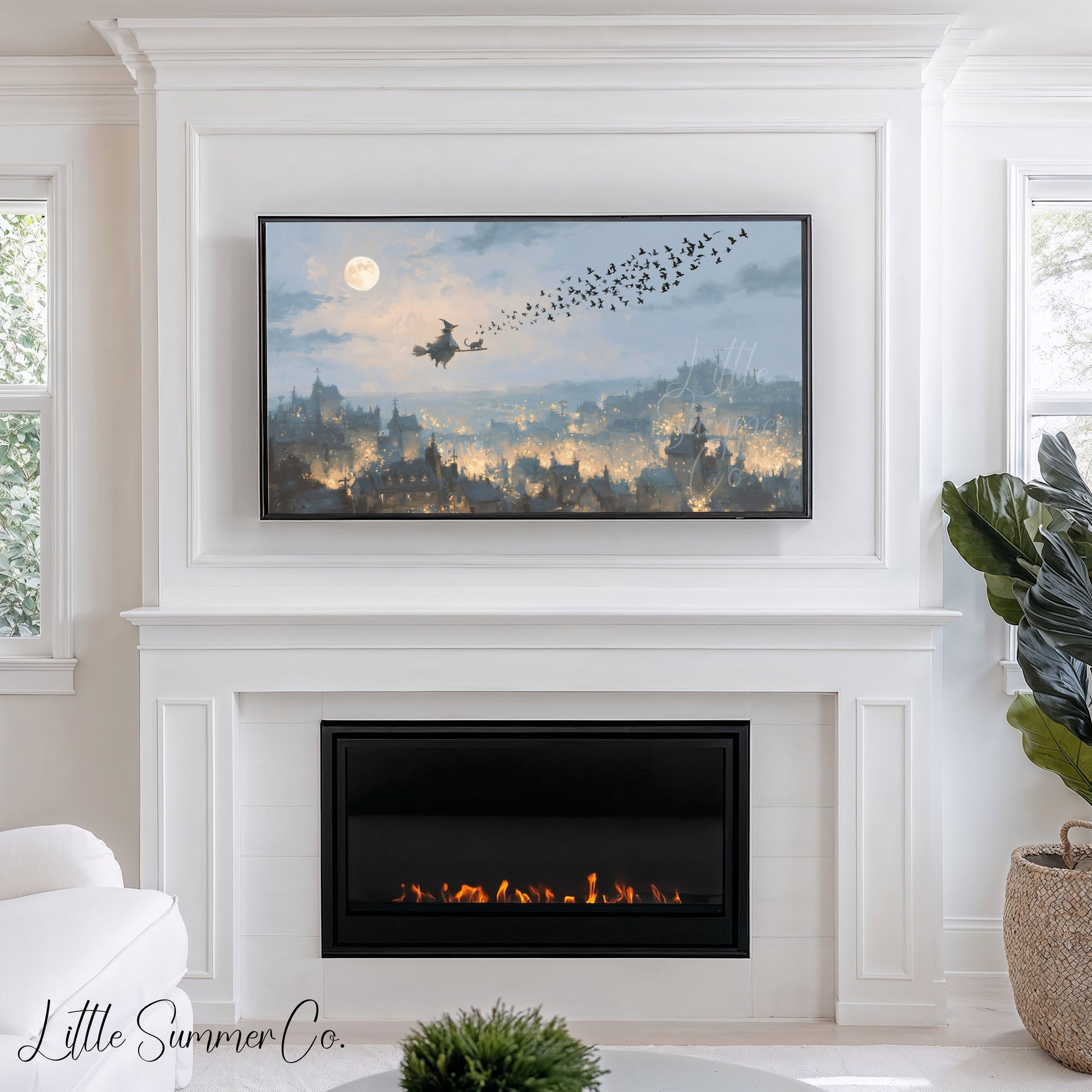 Witch Flying Over Town Frame TV Art displayed on a TV