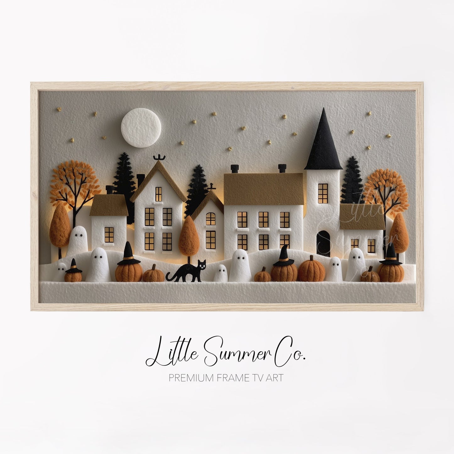 Felt Halloween Village Moonlight Frame TV Art displayed on a TV