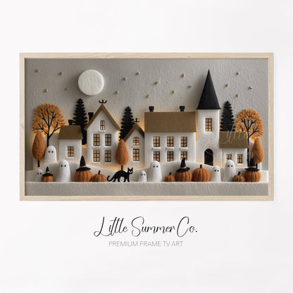Felt Halloween Village Moonlight Frame TV Art displayed on a TV