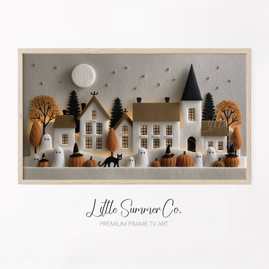 Felt Halloween Village Moonlight Frame TV Art displayed on a TV