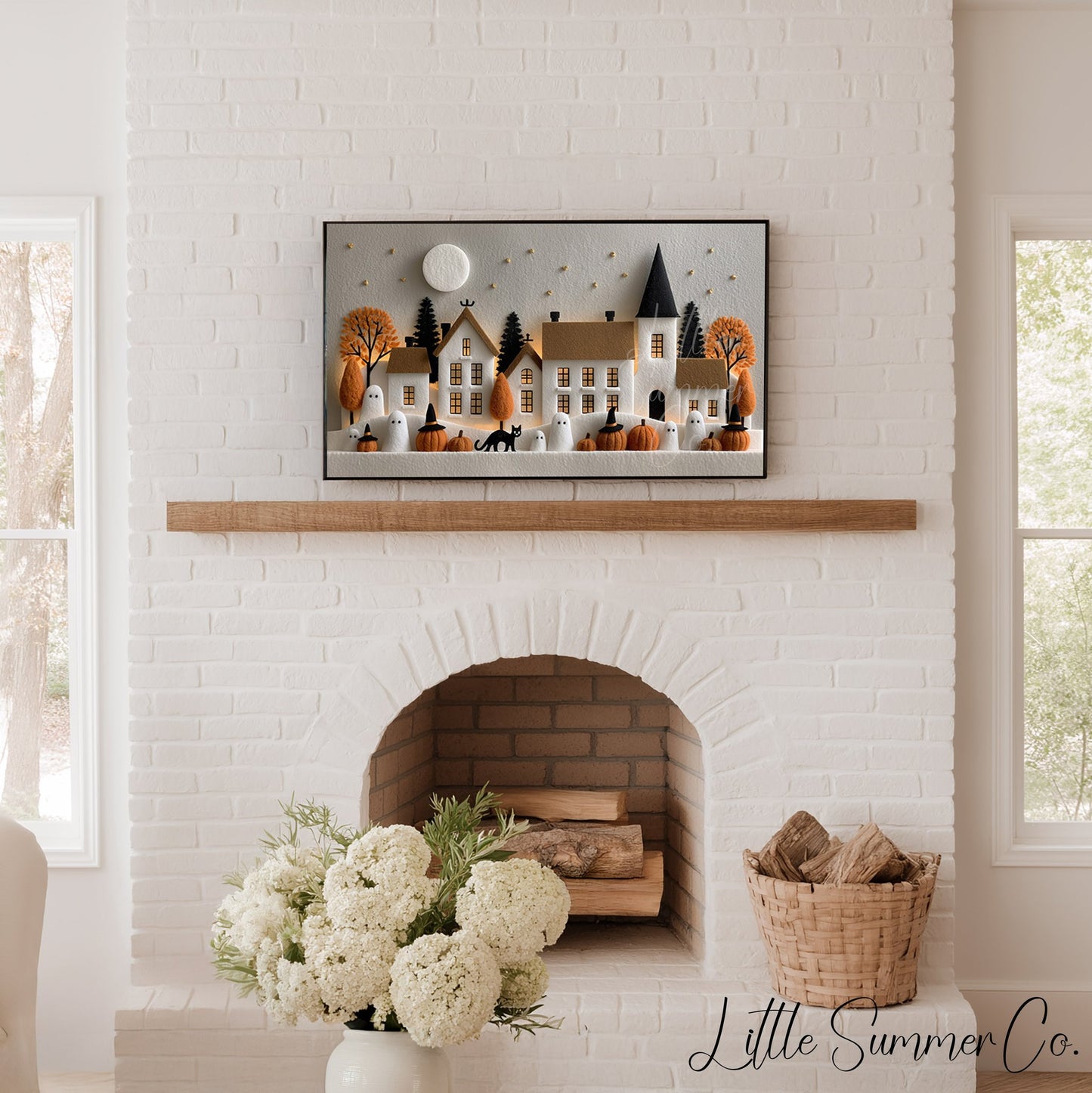 Felt Halloween Village Moonlight Frame TV Art displayed on a TV