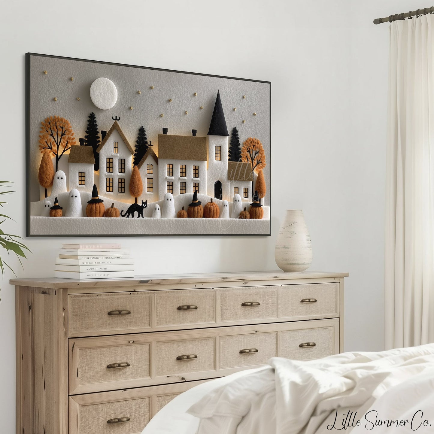 Felt Halloween Village Moonlight Frame TV Art displayed on a TV