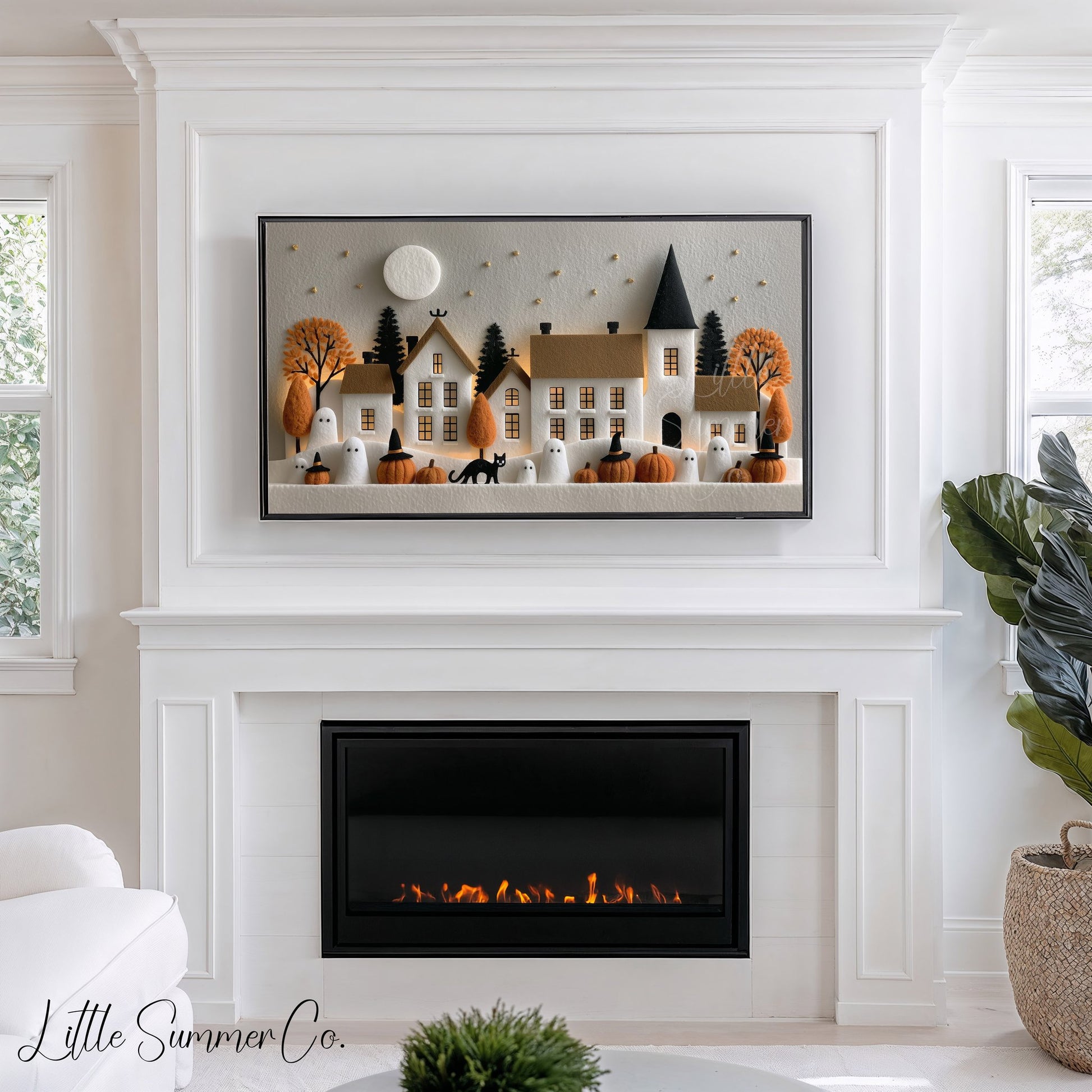 Felt Halloween Village Moonlight Frame TV Art displayed on a TV