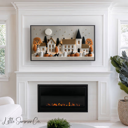 Felt Halloween Village Moonlight Frame TV Art displayed on a TV