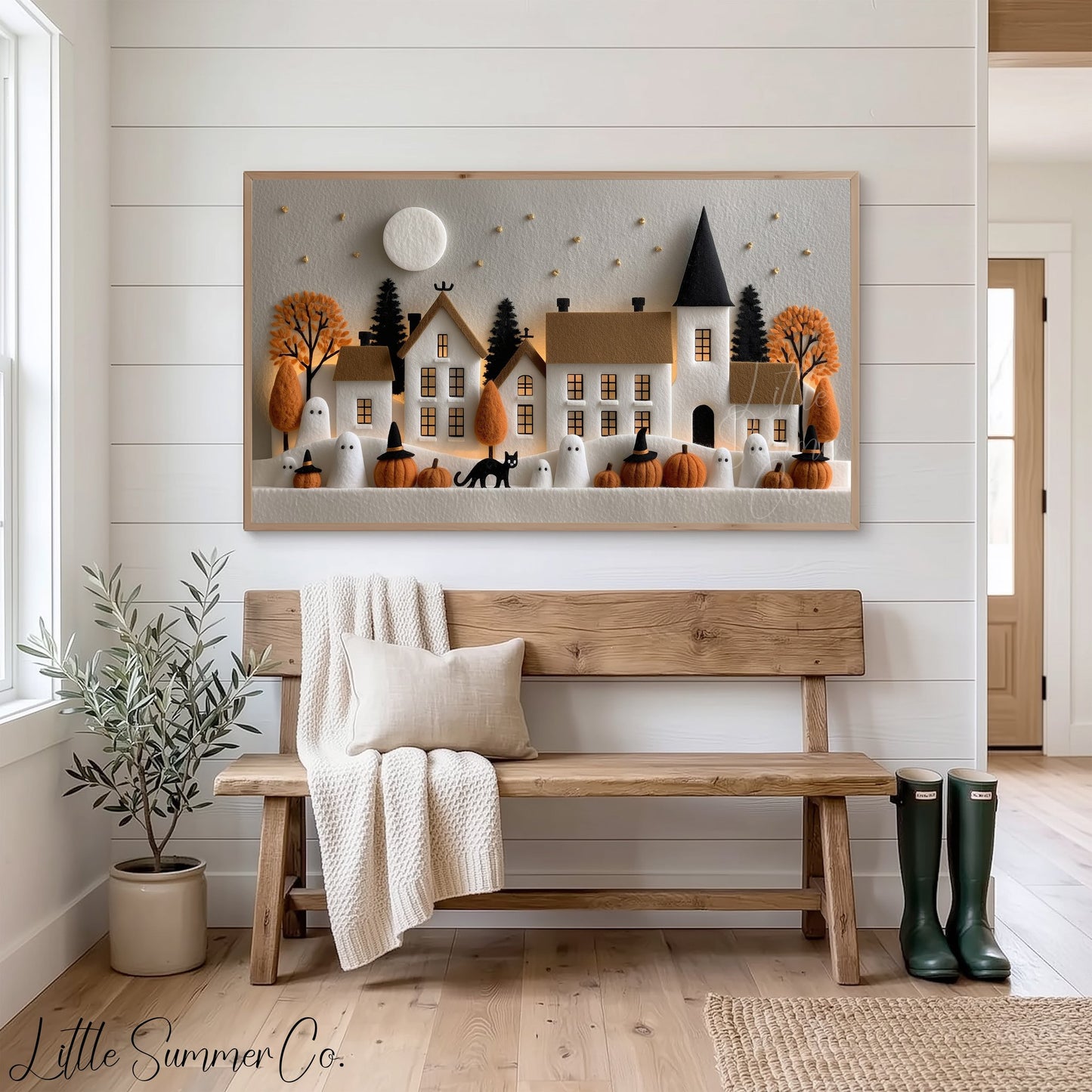 Felt Halloween Village Moonlight Frame TV Art displayed on a TV