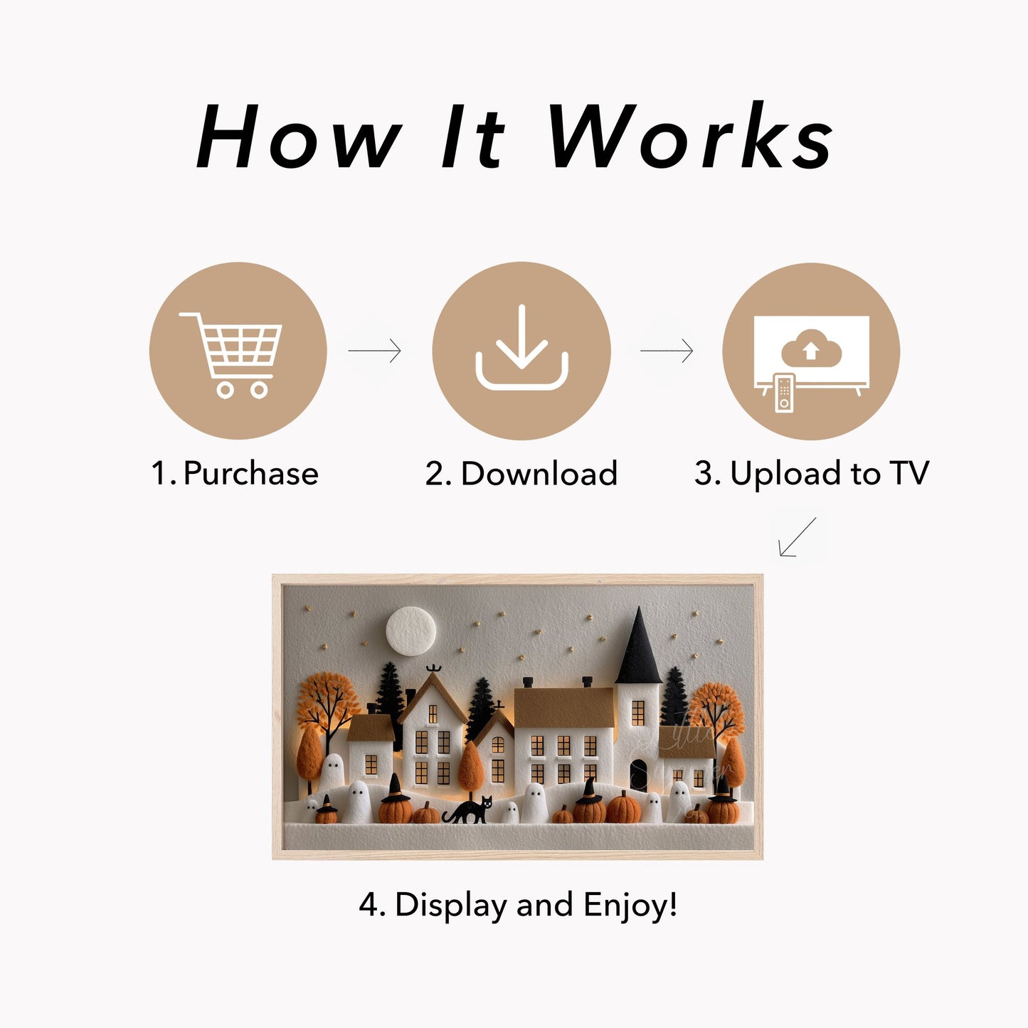 Felt Halloween Village Moonlight Frame TV Art displayed on a TV