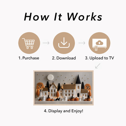 Felt Halloween Village Moonlight Frame TV Art displayed on a TV