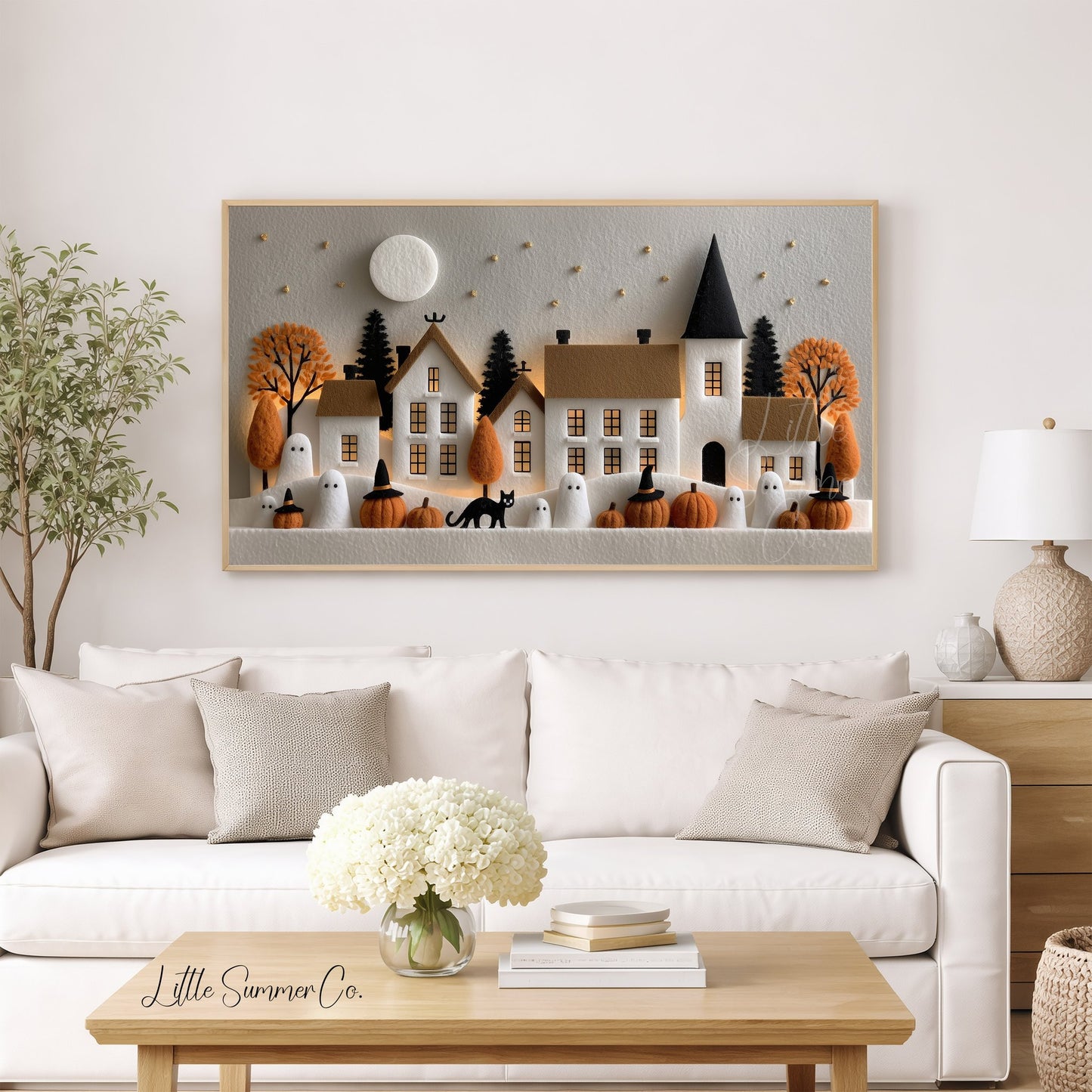 Felt Halloween Village Moonlight Frame TV Art displayed on a TV
