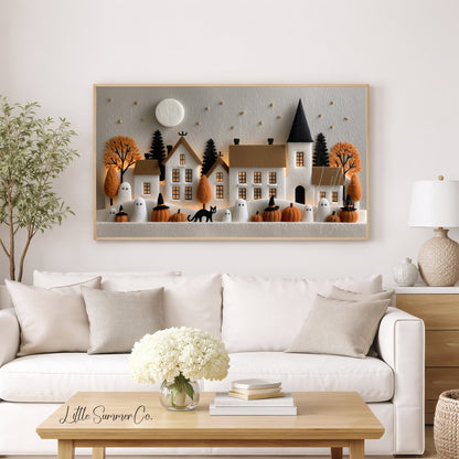 Felt Halloween Village Moonlight Frame TV Art displayed on a TV