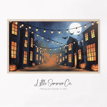 Moonlit Pumpkin Street Frame TV Art displayed on a TV