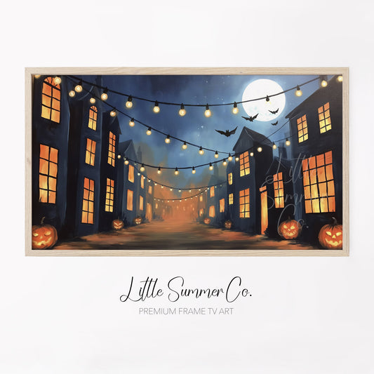 Moonlit Pumpkin Street Frame TV Art displayed on a TV