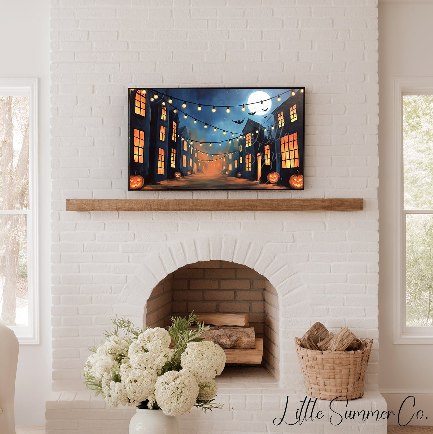 Moonlit Pumpkin Street Frame TV Art displayed on a TV