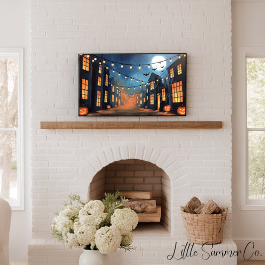 Moonlit Pumpkin Street Frame TV Art displayed on a TV