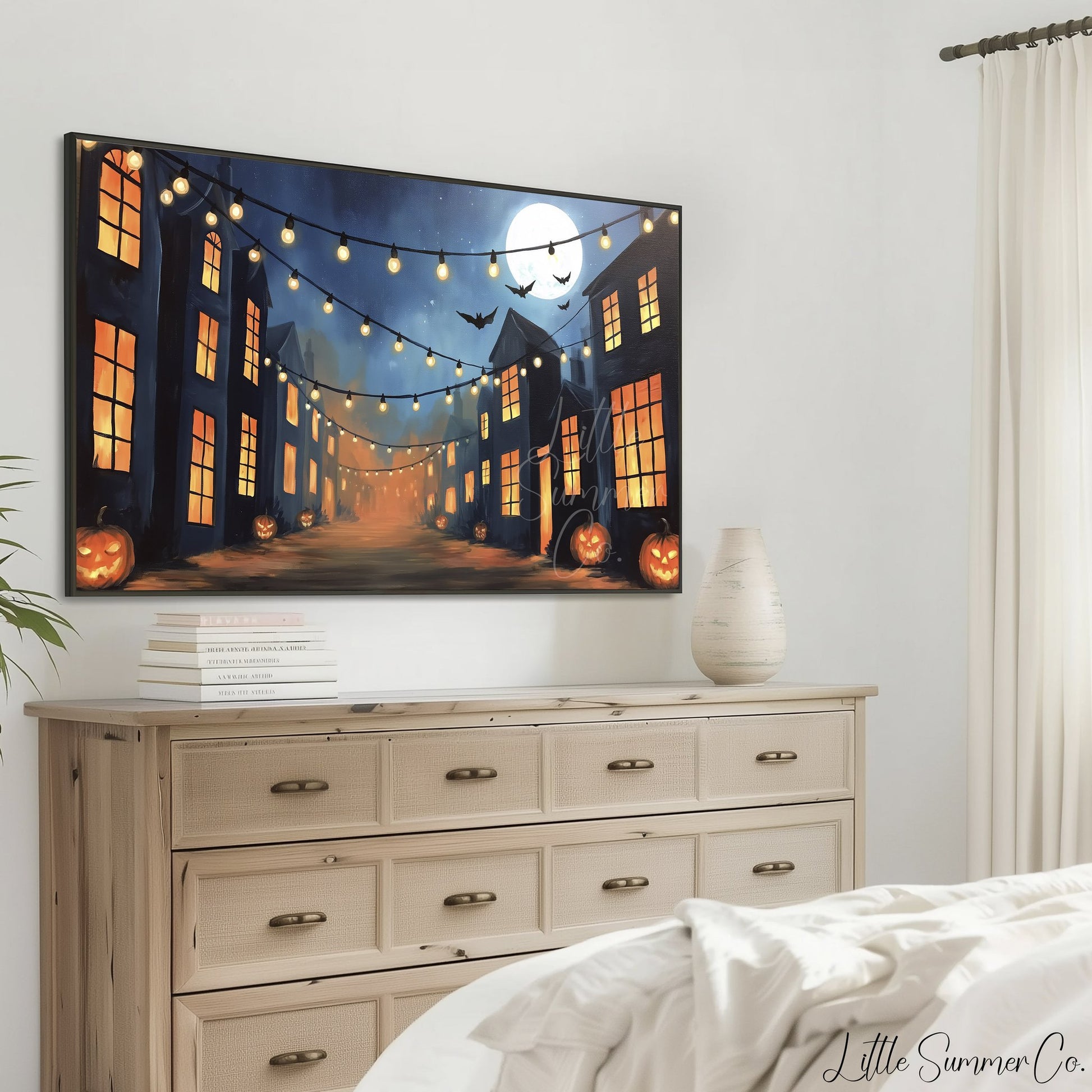 Moonlit Pumpkin Street Frame TV Art displayed on a TV