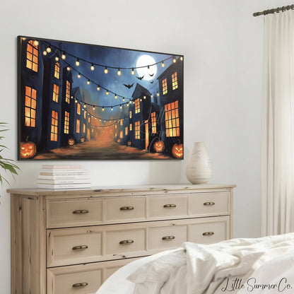 Moonlit Pumpkin Street Frame TV Art displayed on a TV