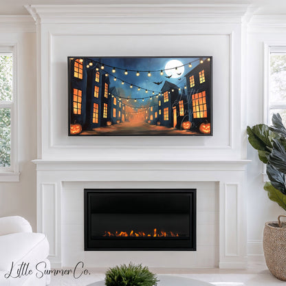 Moonlit Pumpkin Street Frame TV Art displayed on a TV